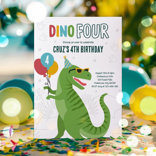 Dino Vier T-Rex Dinosaurus 4e Verjaardagsfeest Kaart