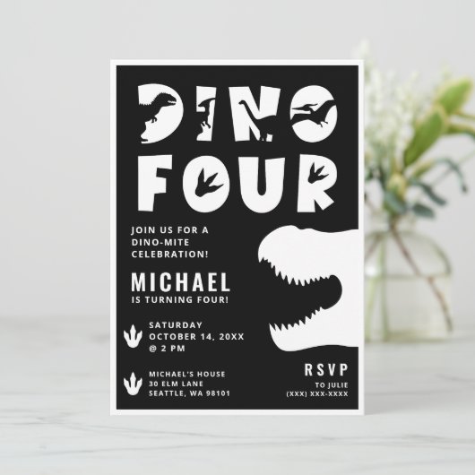 Dino Vier Zwarte Dinosaurus 4e Verjaardagsfeestje Kaart (Staand voorkant)