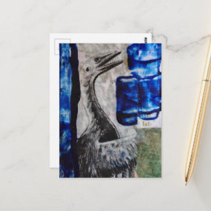 Dino Vogel Blauwe Verf Mixed Media Collage Briefkaart