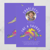 Dinosaur 1e Verjaardagsfeest Paarse Kaart (Voorkant / Achterkant)
