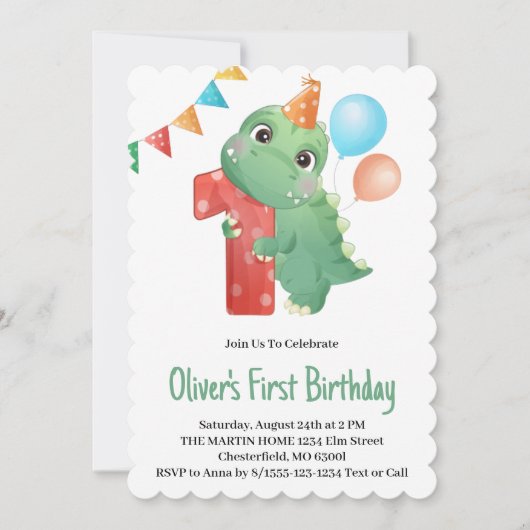 Dinosaur 1er Anniversaire Fête Invitation (Devant)