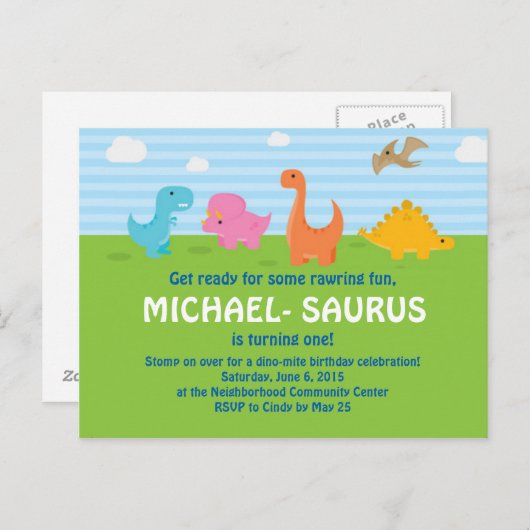 Dinosaur 1er anniversaire Invitation (Devant / Derrière)