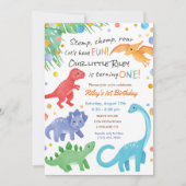 Dinosaur 1er Anniversaire Invitation Colorée Cute (Devant)