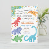 Dinosaur 1er Anniversaire Invitation Colorée Cute (Debout devant)