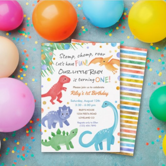Dinosaur 1er Anniversaire Invitation Colorée Cute