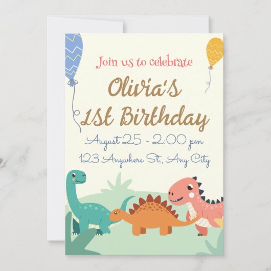 Dinosaur 1er anniversaire Invitations (Devant)
