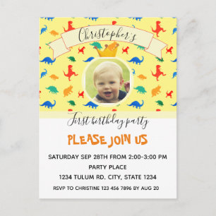 Dinosaur 1st Birthday kleurige babyjongetfoto Uitnodiging Briefkaart