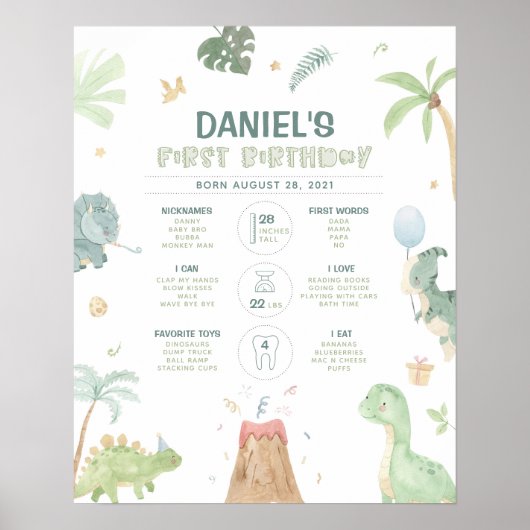 Dinosaur 1st Birthday Milestone Chart Poster (Voorkant)