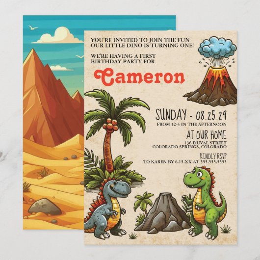 Dinosaur 1st Birthday Party Invitation Kaart (Voorkant / Achterkant)