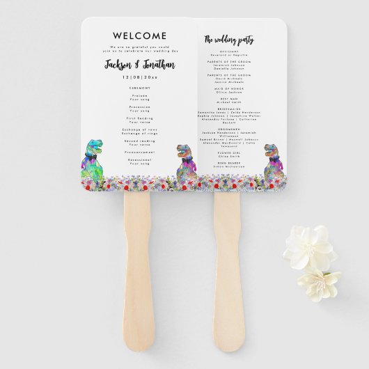 Dinosaur 2 Grooms Gay Wedding Day Program Handwaaier (Voorkant en achterkant)