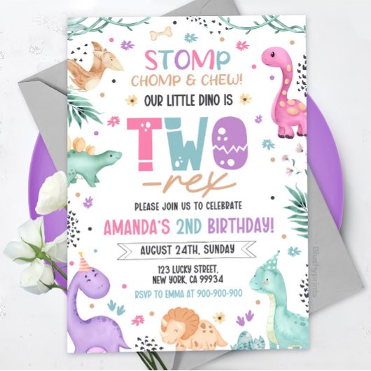 Dinosaur 2e anniversaire Invitation fille Dinosaur