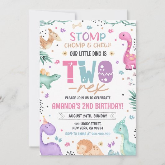 Dinosaur 2e anniversaire Invitation fille Dinosaur (Devant)