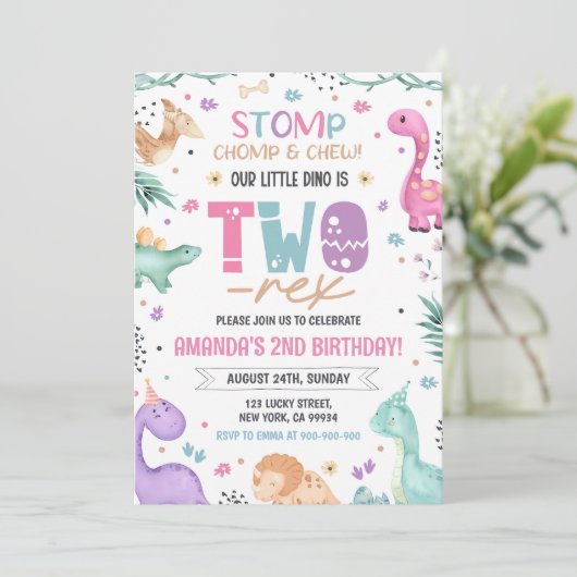 Dinosaur 2e anniversaire Invitation fille Dinosaur (Debout devant)