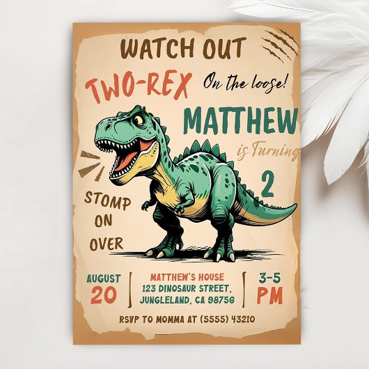 Dinosaur 2e verjaardag uitnodiging, twee Rex verja Kaart