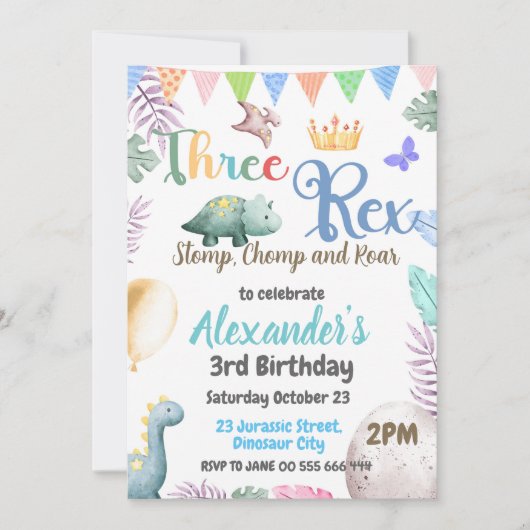 Dinosaur 3e anniversaire Trois Rex Boy Invitation (Devant)