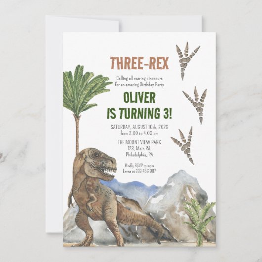 Dinosaur 3e invitation de fête d'anniversaire (Devant)