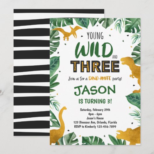 Dinosaur 3rd Birthday Invitation, Dinosaur Invites Kaart (Voorkant / Achterkant)