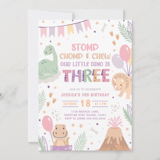 Dinosaur 3rd Birthday Invitations Girl. Cute Baby Kaart (Voorkant)