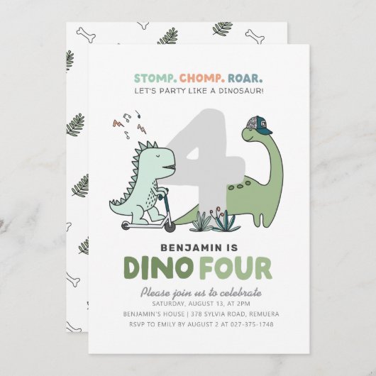 Dinosaur 4e anniversaire fête Invitation (Devant / Derrière)