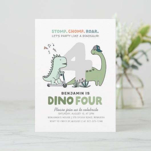 Dinosaur 4e uitnodiging van de Birthday Party (Staand voorkant)