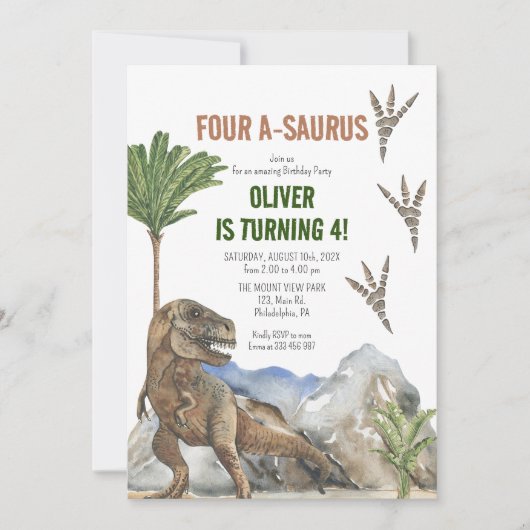 Dinosaur 4ème anniversaire invitation (Devant)