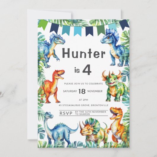 Dinosaur 4th Birthday Kaart (Voorkant)
