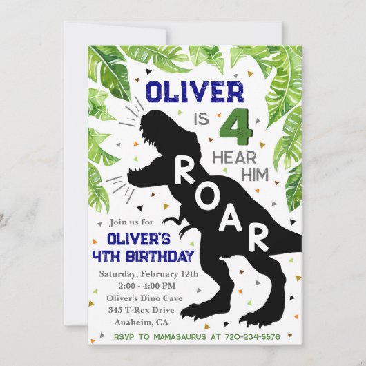 Dinosaur 4th Birthday, Vier Hear Him Roar Invite Kaart (Voorkant)