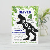 Dinosaur 4th Birthday, Vier Hear Him Roar Invite Kaart (Staand voorkant)