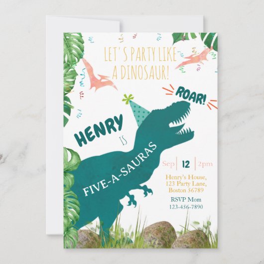 Dinosaur 5e anniversaire Invitation Fiveasauraus T (Devant)