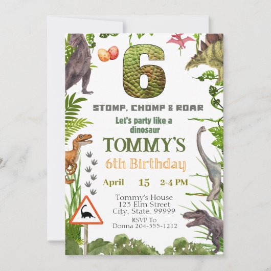 Dinosaur 6e anniversaire fête Invitation (Devant)