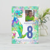 Dinosaur 8e Verjaardagsfeest Foto Blauw Kaart (Staand voorkant)