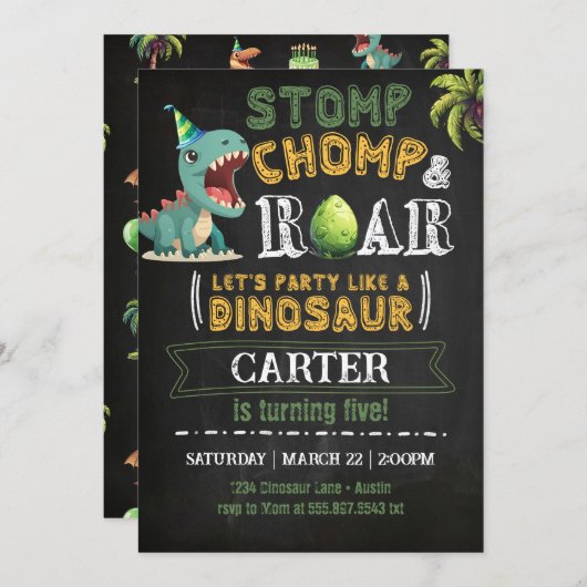 Dinosaur Anniversaire Fête Invitation Chomp Roar (Devant / Derrière)