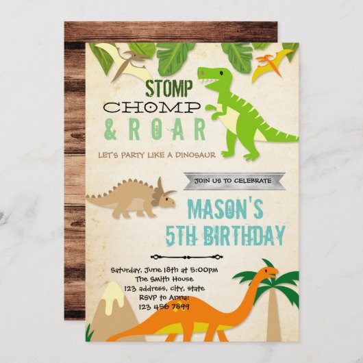 Dinosaur anniversaire invitation (Devant / Derrière)