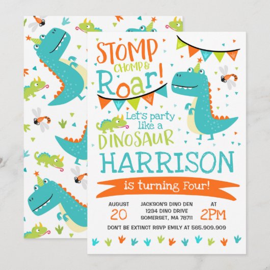 Dinosaur Anniversaire Invitation Dinosaur Roar Par (Devant / Derrière)