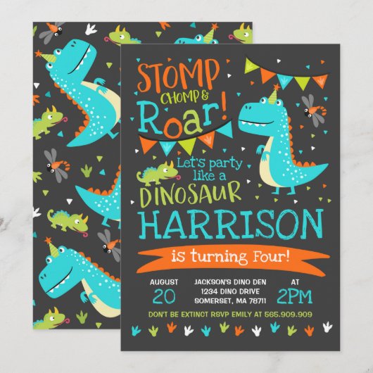Dinosaur Anniversaire Invitation Dinosaur Roar Par (Devant / Derrière)