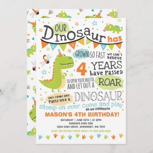 Dinosaur Anniversaire Invitation Dinosaur Roar Par (Devant / Derrière)