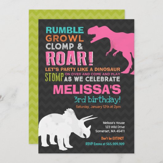 Dinosaur Anniversaire Invitation Fille Dinosaur Pa (Devant / Derrière)