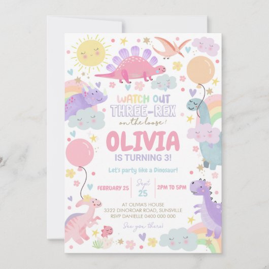 DINOSAUR ANNIVERSAIRE Invitation fille trois Rex (Devant)