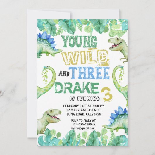 DINOSAUR ANNIVERSAIRE INVITATION POUR LES TROIS AN (Devant)