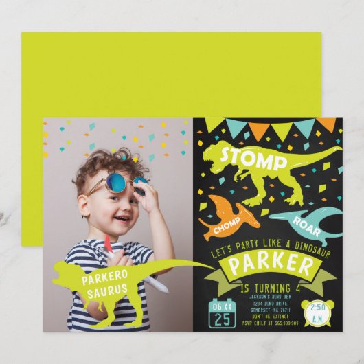 Dinosaur Anniversaire Invitation Tableau de bord p (Devant / Derrière)