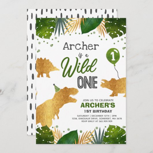 Dinosaur Anniversaire Invitation Wild One Dinosaur (Devant / Derrière)
