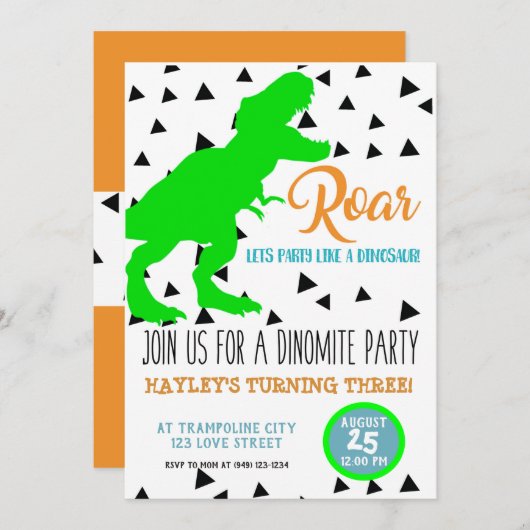 Dinosaur Anniversaire Invitations Enfants Neon Gre (Devant / Derrière)
