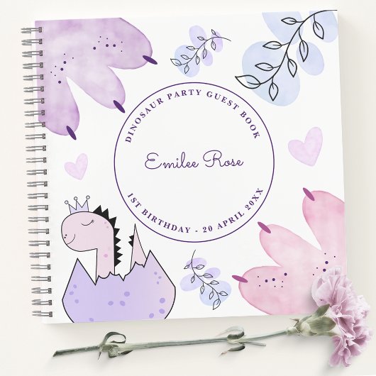 Dinosaur Anniversaire Pink Purple Livre d'invités