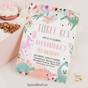 Dinosaur Anniversaire Trois Rex Invitation Girl Di