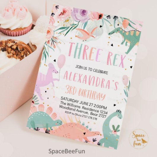 Dinosaur Anniversaire Trois Rex Invitation Girl Di