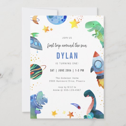 Dinosaur Astronaut Outer Space Birthday Invitation (Devant)