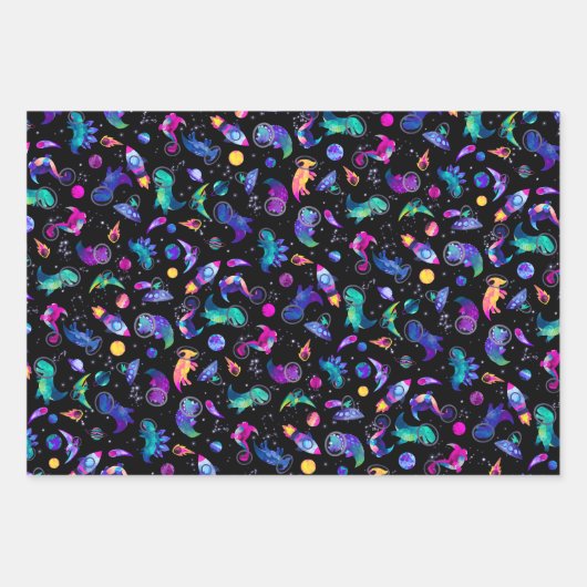 Dinosaur Astronauts Waterverf Space Dino Birthday Inpakpapier Vel (Voorkant 3)