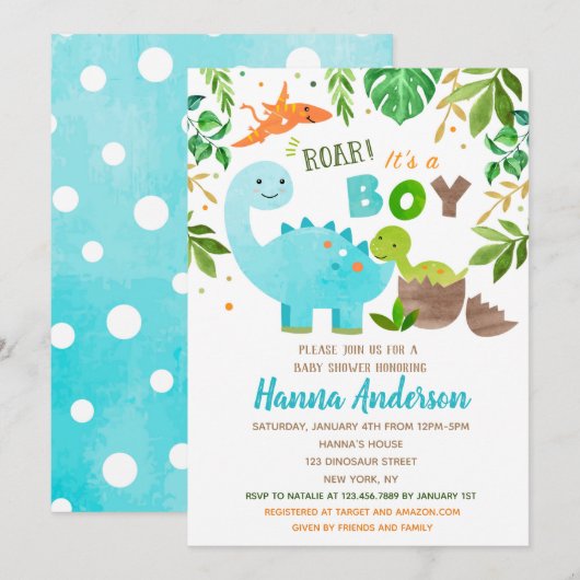 Dinosaur Baby Douche Invitations Baby Boy Dino (Devant / Derrière)