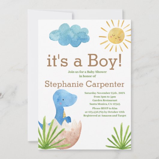 Dinosaur Baby shower Boy Invitation Kaart (Voorkant)