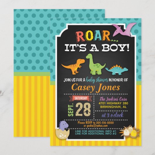 Dinosaur Baby shower Invitation - Boy Kaart (Voorkant / Achterkant)